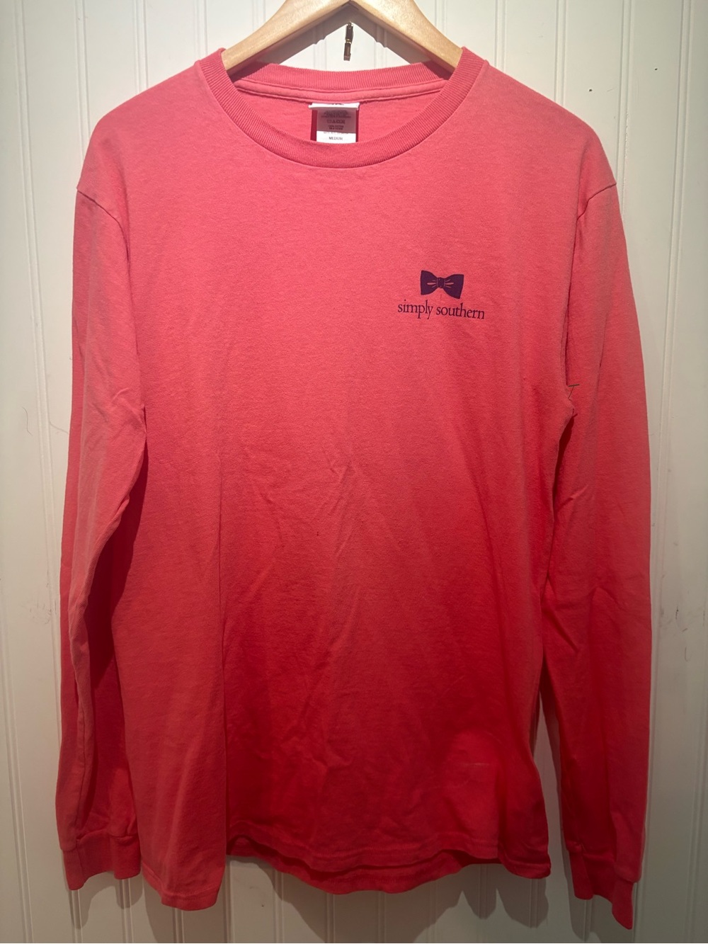 Simply Southern Coral Long Sleeve Tee with Bow Chest Logo